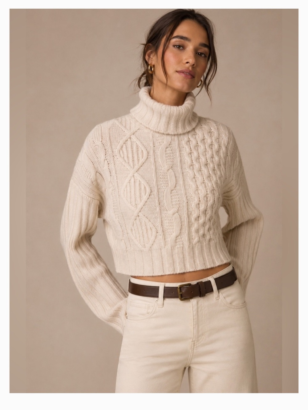 AllSaints Cream Cable Turtleneck Sweater
